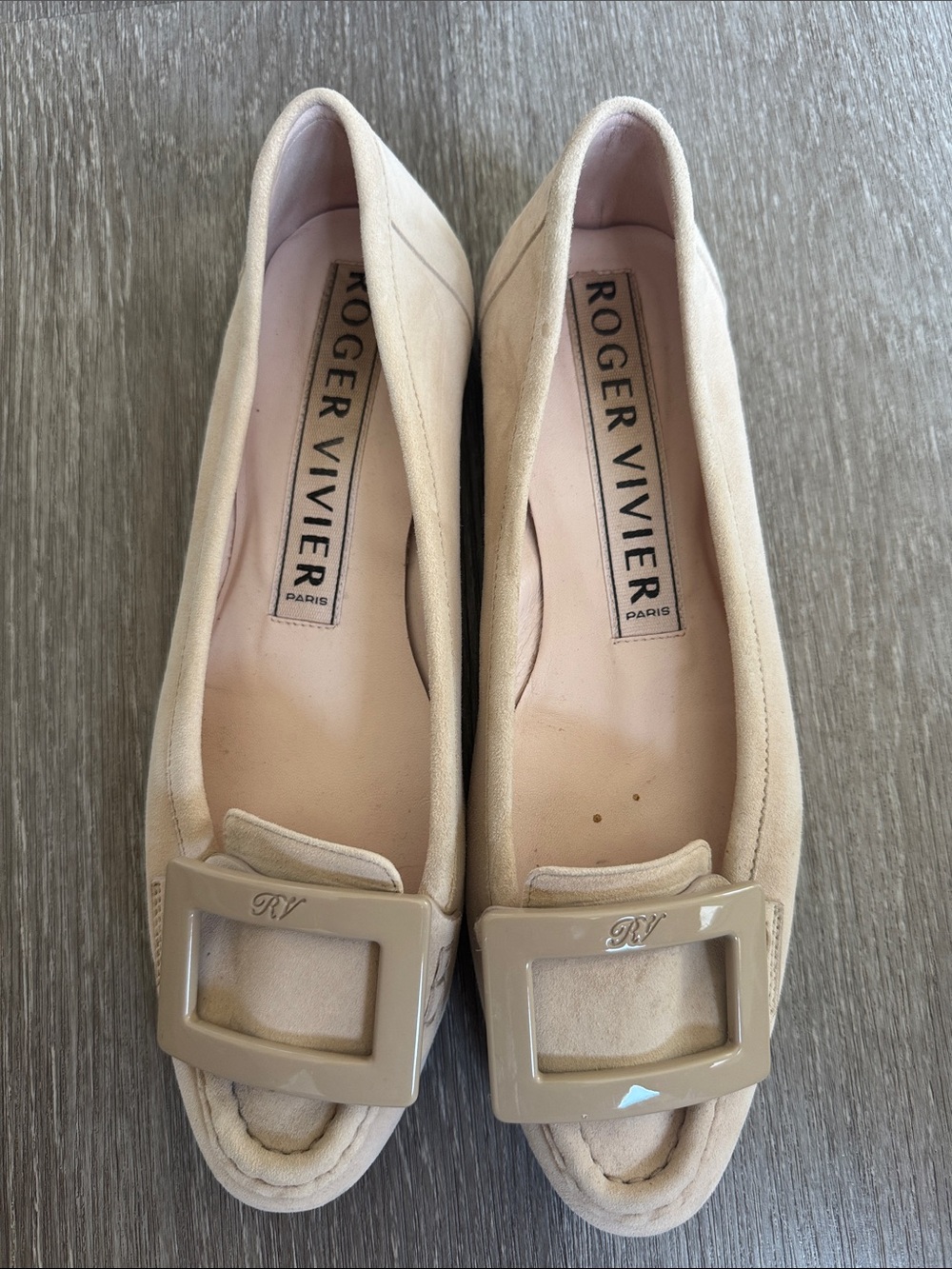 Roger Vivier Beige Suede Loafers with Beige Patent Buckle